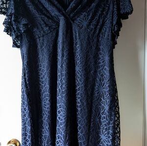 Chaps Dark Navy Lace Midi Dress with V-Neck